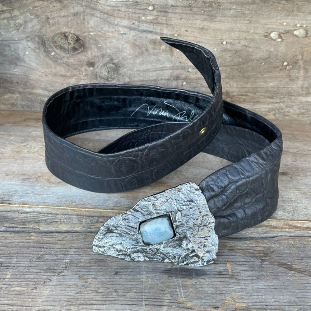 Retro 80's Soft Embossed Leather Belt Black with Triangle Stone Buckle Vintage